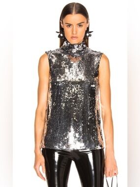 Tibi Silver Sequin Sleeveless Mock Neck Top